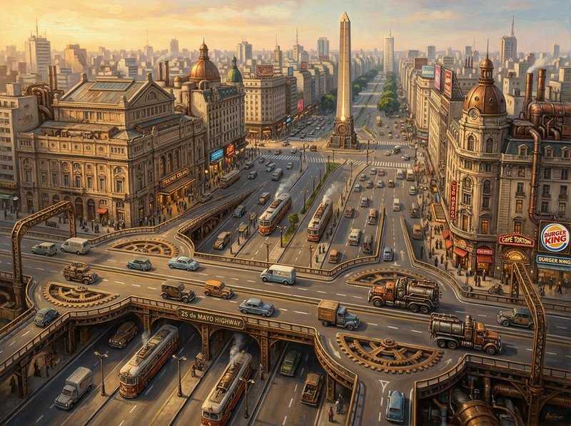 Aerial painting of a bustling city with an elevated highway, central obelisk, and historic buildings at sunset.