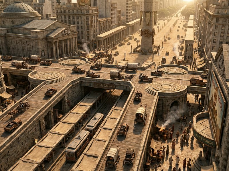 A sprawling retro-futuristic city with elevated railways, trains, and a grand plaza at sunset.
