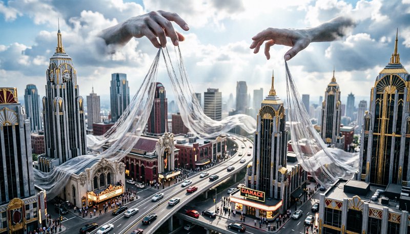 Surreal cityscape with gigantic hands weaving the skyline over a busy highway.