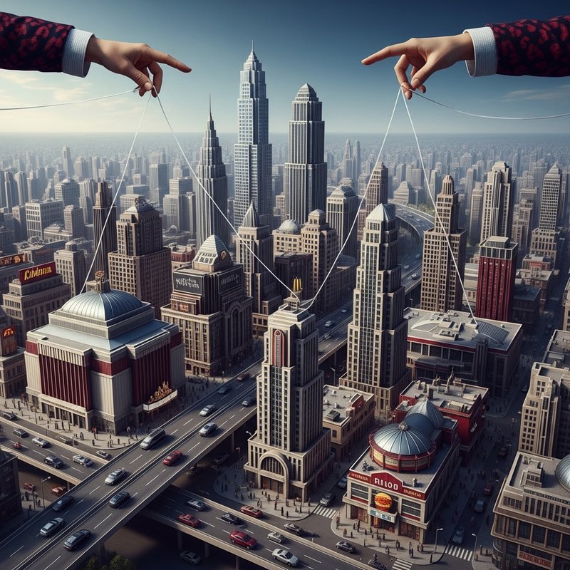 Marionette strings control a futuristic city skyline, with hands at the top manipulating towering skyscrapers.