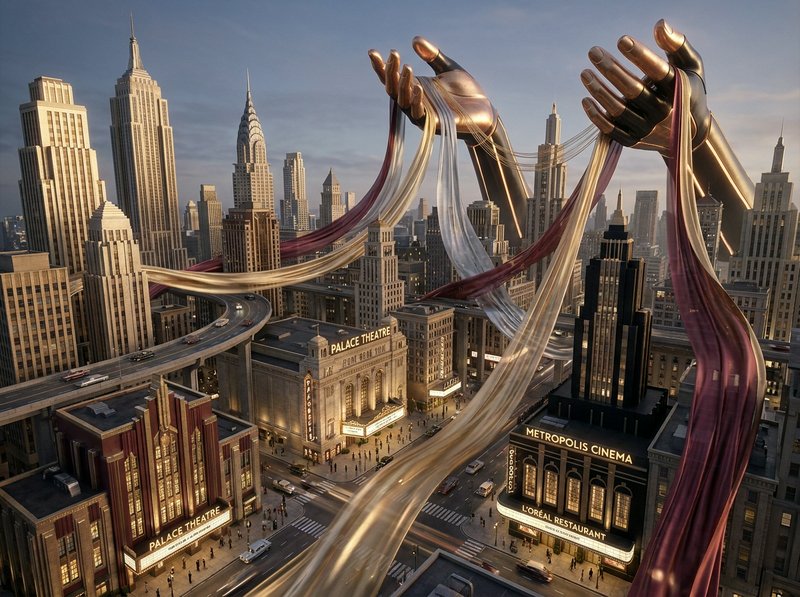 Surreal cityscape with giant hands weaving silky ribbons above skyscrapers.