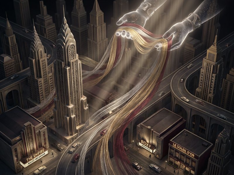 Giant hands weave golden ribbons over a neon-lit futuristic cityscape.