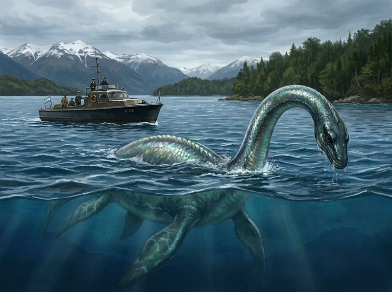 Motorboat on a calm lake with a large ancient aquatic reptile swimming beside it, snow-capped mountains in the distance.