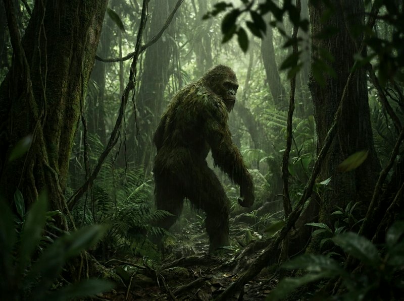 Bigfoot-like creature walking through a misty tropical rainforest.