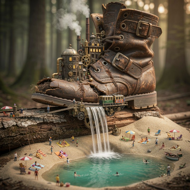 A giant cracked brown boot houses a miniature steampunk city pouring a waterfall onto a sandy beach.