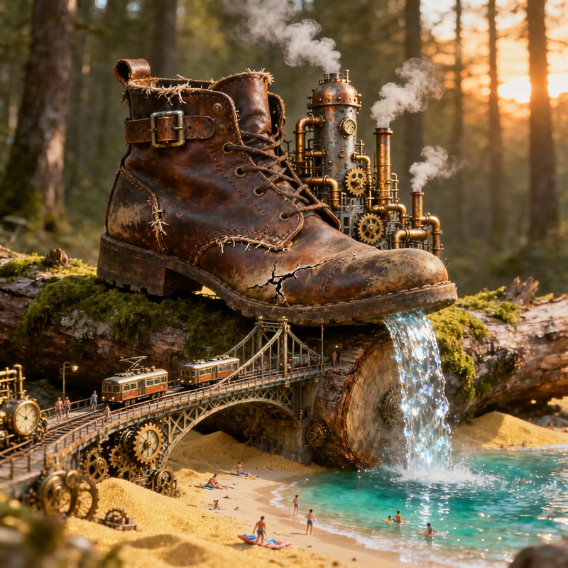 Giant leather boot with steampunk machinery spilling water onto a miniature coastal bridge and train