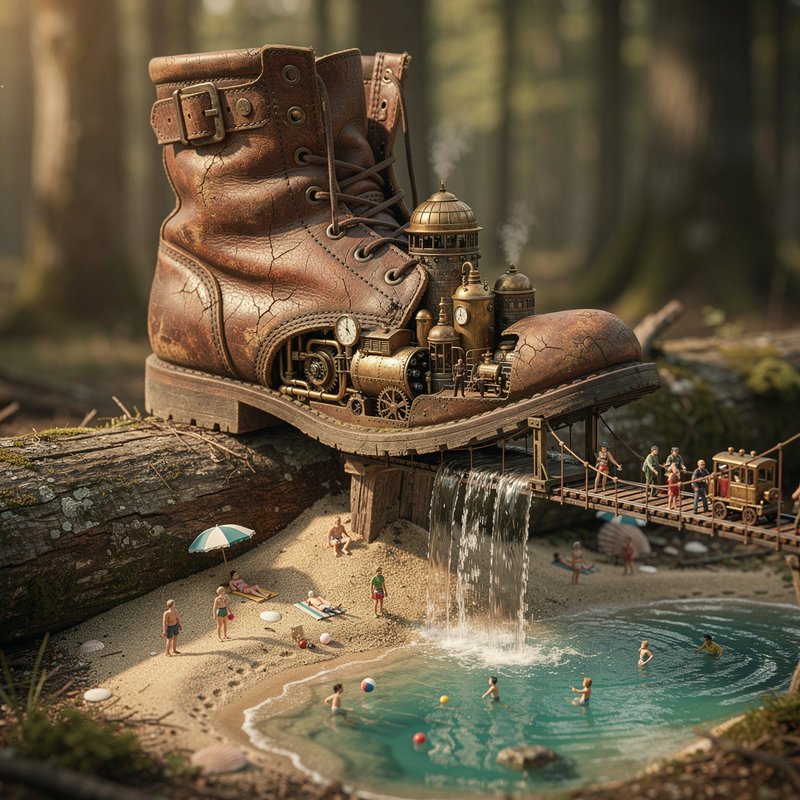Large brown leather boot with a miniature steampunk city built on its sole, over a small waterfall onto a beach.