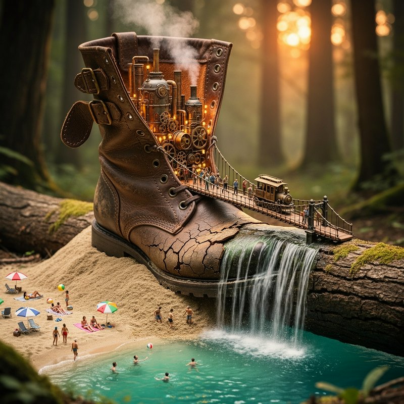 Surreal giant leather boot with steam-punk interior spilling water over a forest stream onto a beach.