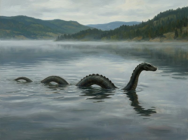 Serene lake scene with a long-necked plesiosaur partially submerged.