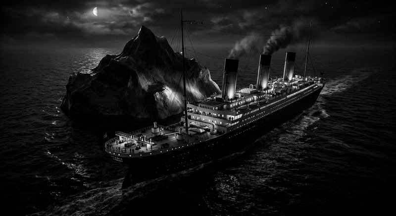 Black-and-white night-time ocean liner approaching a rocky island under moonlight.