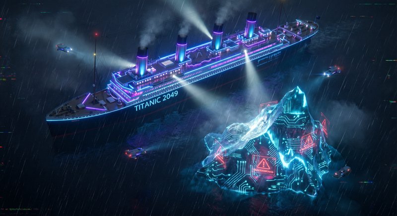 Futuristic Titanic 2049-style neon-lit ocean liner beside a glowing cybernetic iceberg at night.