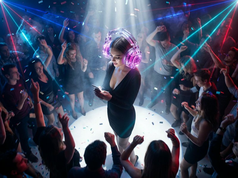 Woman DJ with oversized pink headphones at a nightclub dance floor surrounded by lasers.