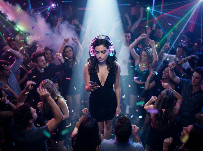 Young woman DJ in a black dress wearing neon headphones on a crowded dance floor with confetti.