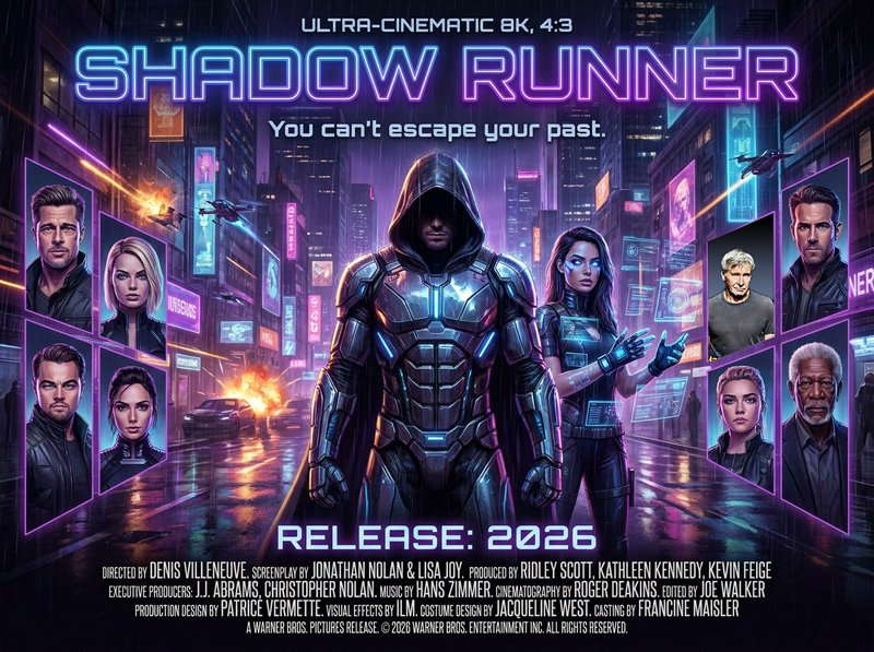 Neon-lit sci-fi movie poster with a central armored hero in a hood, surrounded by neon city streets and side portraits.