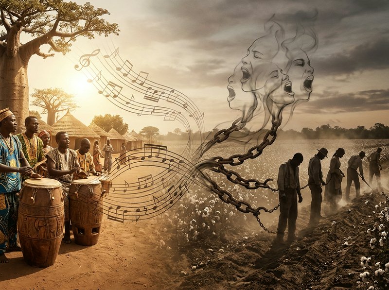 African drummers on village left, chained silhouettes and smoky choir on right, musical notes linking them.