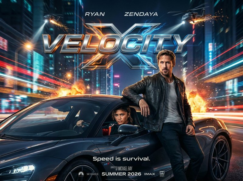 Promotional poster for Velocity X featuring a man and woman by a sleek sports car in a neon-lit city.
