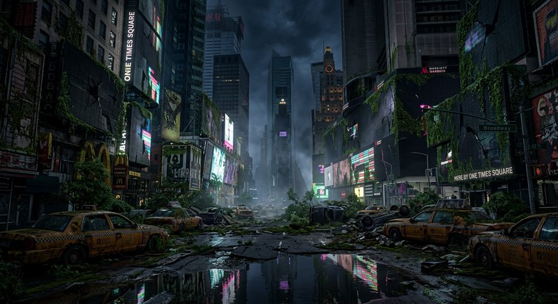 Desolate city street after disaster with flooded road, overgrown vines, and abandoned yellow taxis.