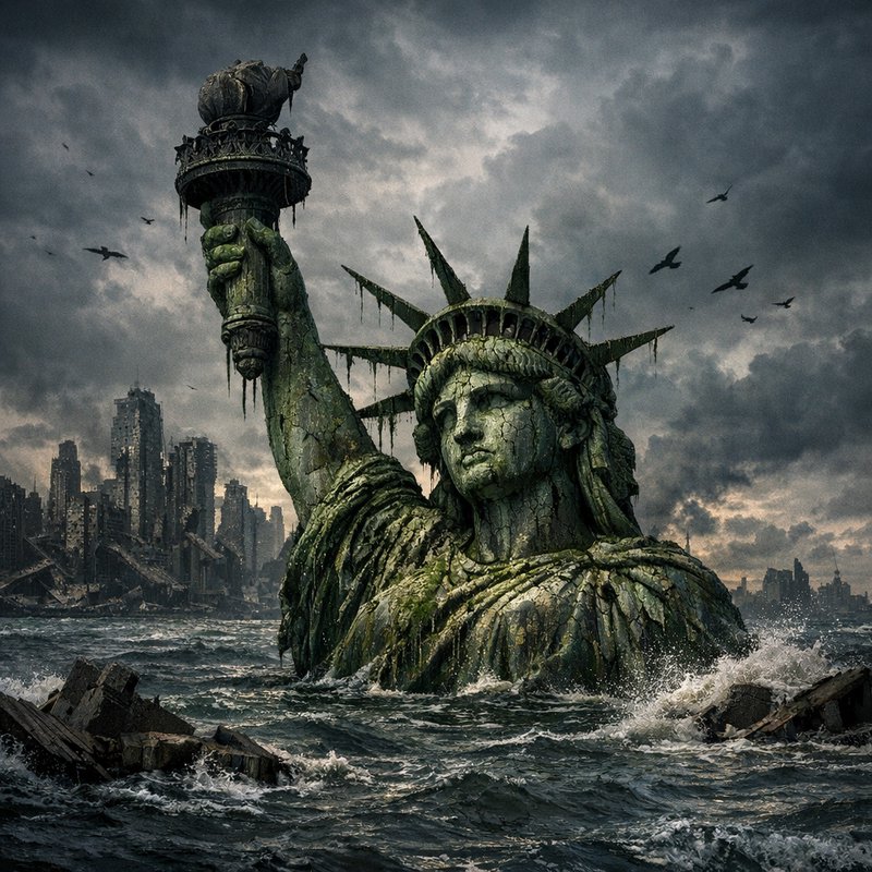 Decayed Statue of Liberty rising from rough seas with a ruined city skyline in a stormy, moody scene