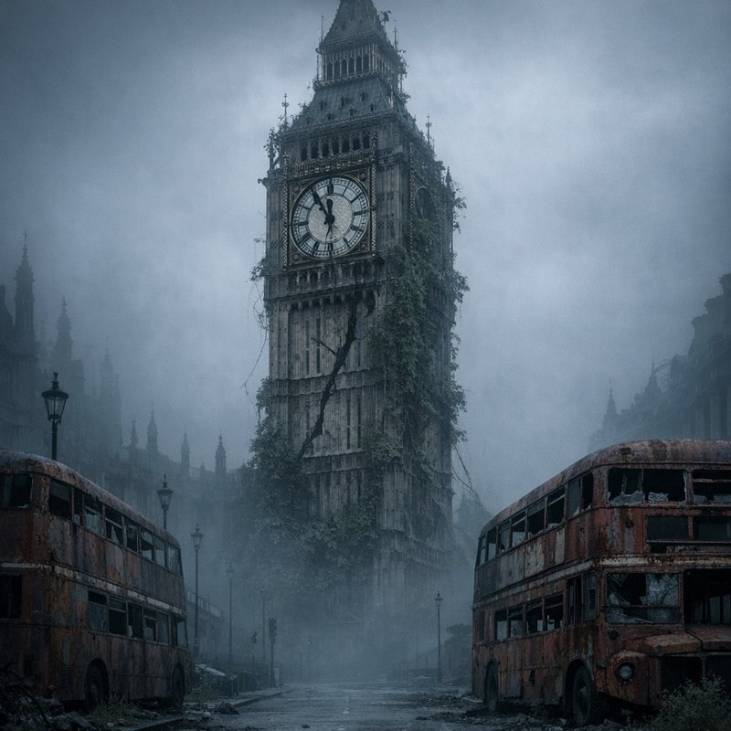 Overgrown Big Ben clock tower in a misty, abandoned city with rusted buses.
