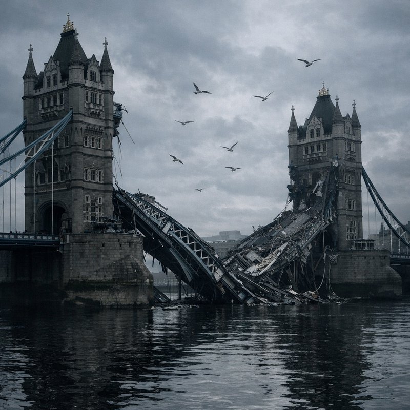 Damaged Tower Bridge with collapsed central span and moody cloudy sky over the Thames.