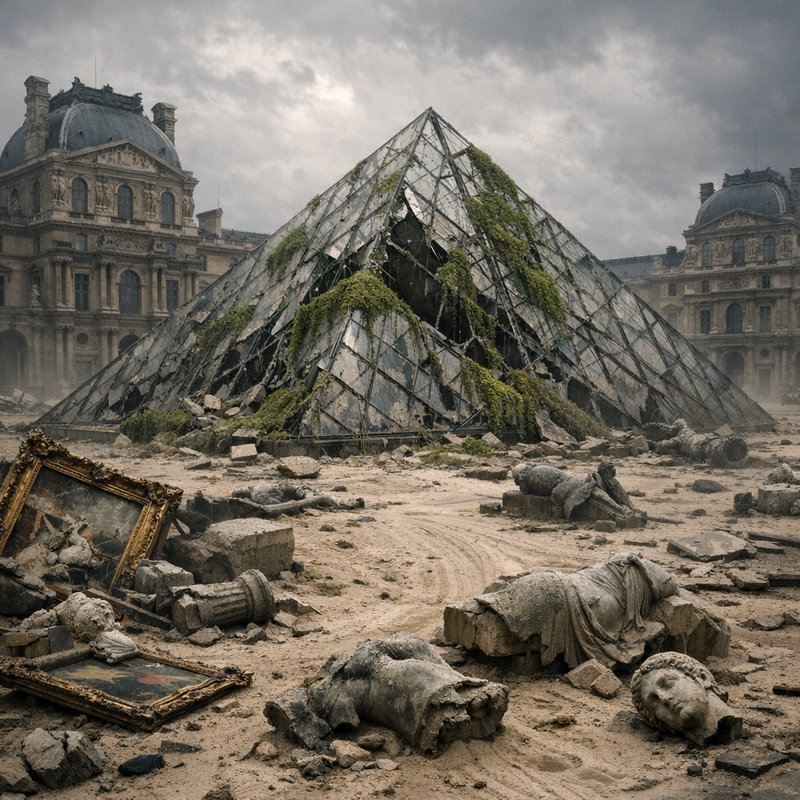 Ruined Glass Pyramid at a collapsed museum lawn with scattered statues and debris.