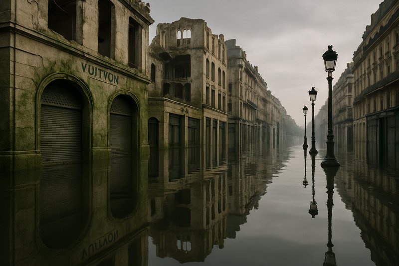Flooded city street with ruined buildings and lampposts reflected in water