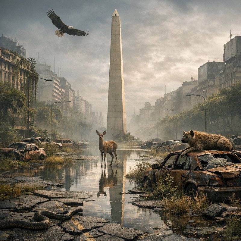 Post-apocalyptic city street with a tall obelisk, deer in floodwater, a wolf on a wrecked car, a snake on cracked