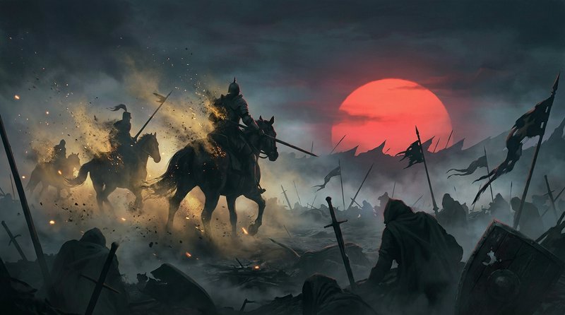 Armored knights on horseback charging through a smoky battlefield at sunset with a red sun.