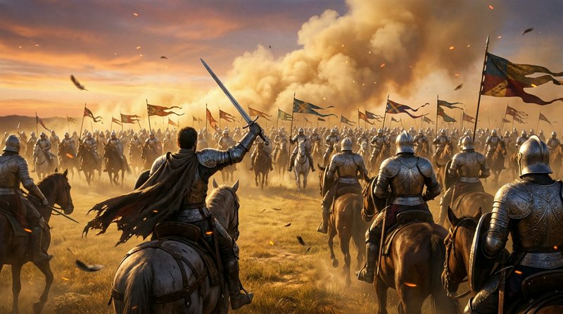 Mounted knights in armor charging across a dusty battlefield at sunset, swords raised.