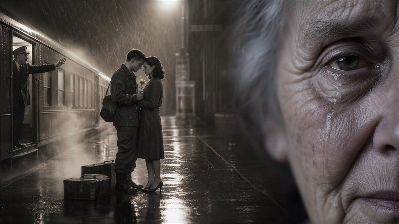 Old couple kissing on a rainy train platform, overlaid with a close-up of an elderly woman’s tearful face.