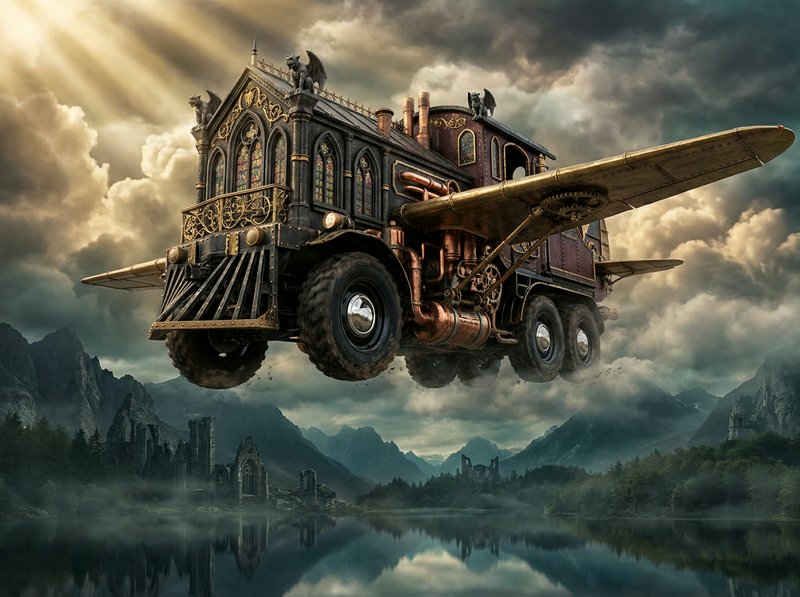 Steampunk ornate wagon with wings flying over a misty mountainous landscape.