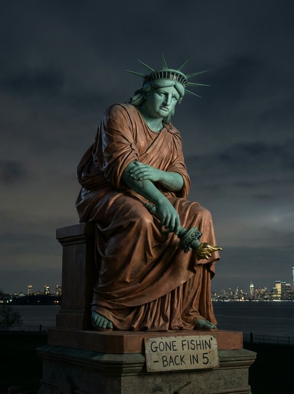 Statue of Liberty replica sitting and fishing by the water with city skyline in the background