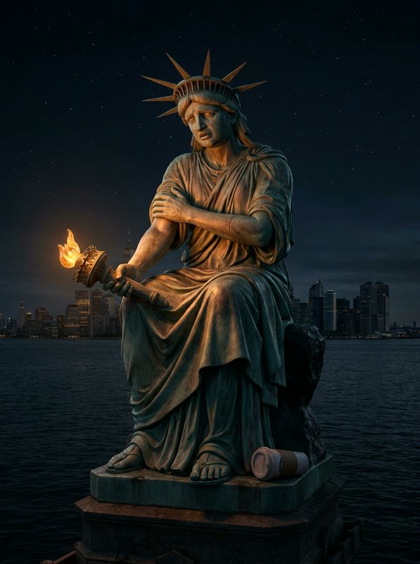 Nighttime view of a Statue of Liberty–inspired sculpture seated by water, holding a lit torch.