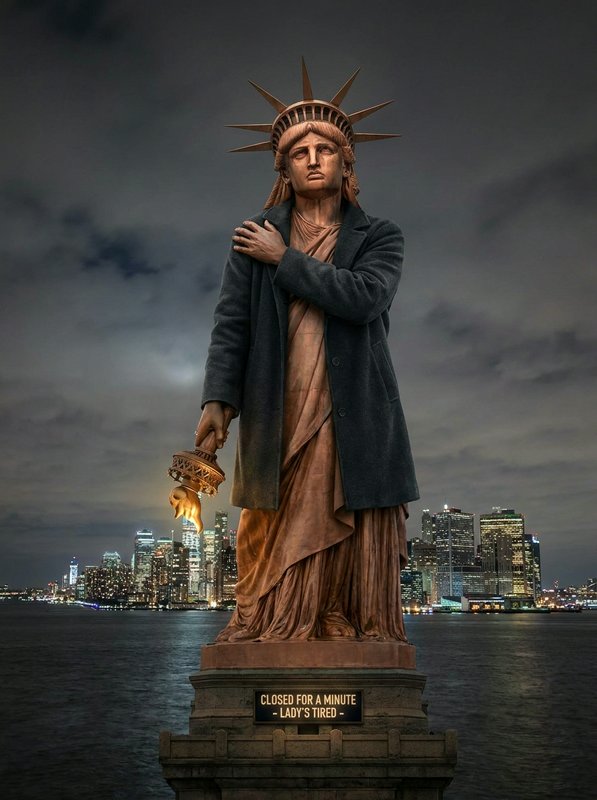 A statue resembling the Statue of Liberty stands by the water at night, wearing a coat and holding a lit torch.