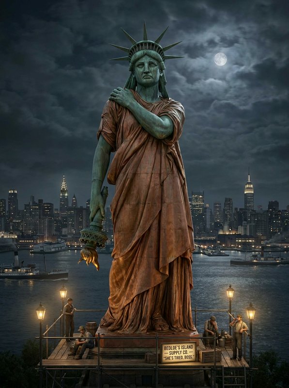 Surreal Statue of Liberty replica on a waterfront platform under moonlit sky with NYC skyline.