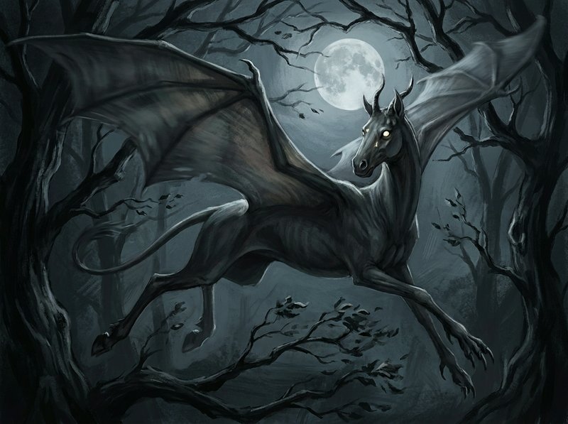 Moonlit gothic dragon soaring through a dark, bare-branched forest beneath a full moon.