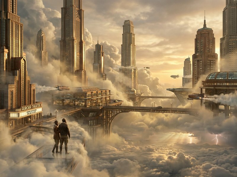 Futuristic city skyline above the clouds with two people on a walkway and flying vehicles.