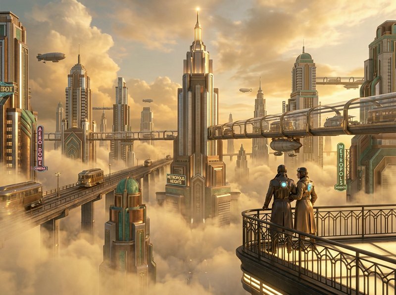 Futuristic city in the clouds with towering skyscrapers, monorail, and two figures on a balcony.