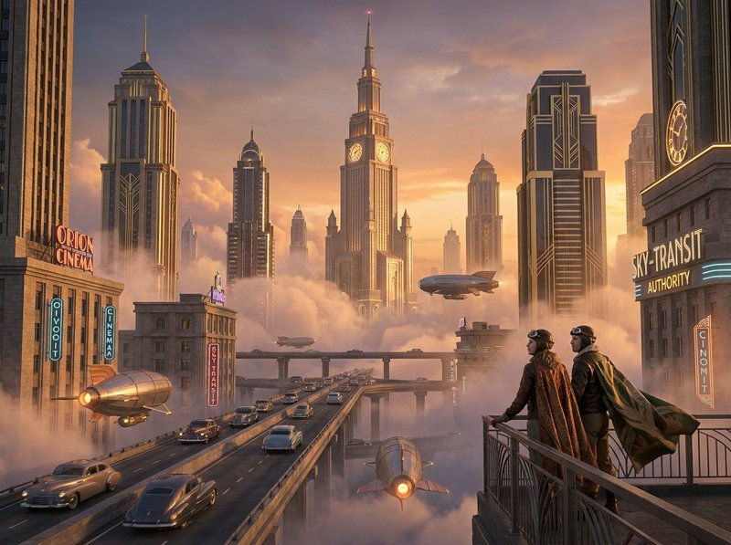 Futuristic city skyline with flying cars and two observers on a balcony above a cloud-filled metropolis.