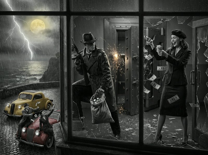 Noir bank robbery scene through a window with a robber, a celebratory woman, money flying, stormy coast outside.