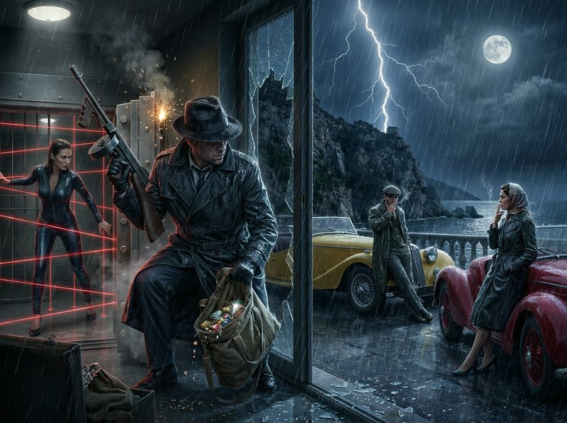 Noir-action scene with a trench-coat detective, laser grid, and vintage cars in a rainy, moonlit heist.