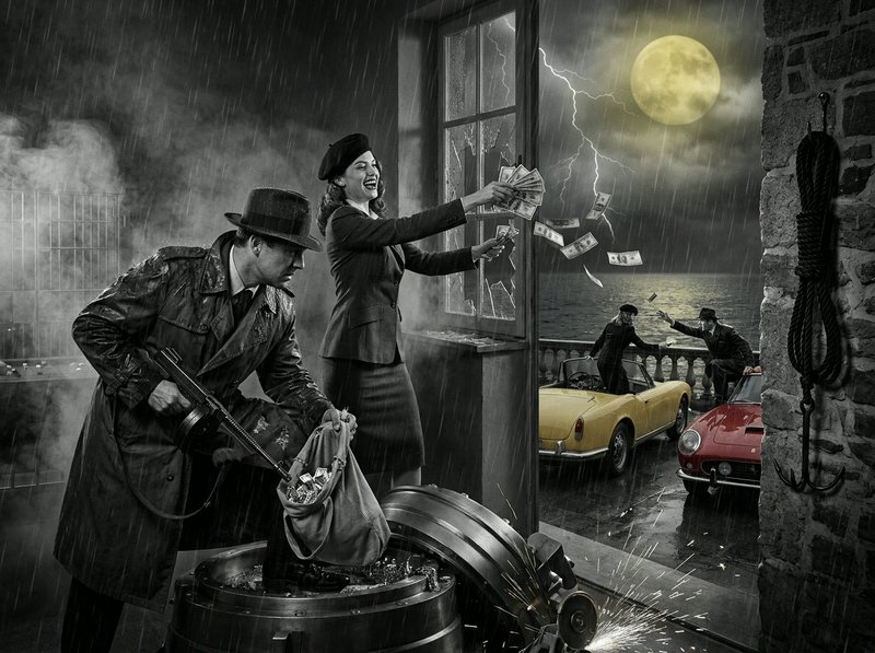 Black-and-white noir scene of a heist with a woman tossing money from a window while a man with a gun loots a barrel.