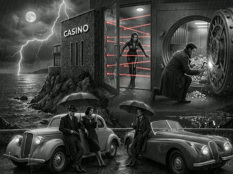 Stormy black-and-white noir collage showing a casino on a cliff, vintage cars, an open vault, and figures in rain with
