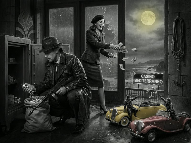 Noir-style scene with a gangster by a safe, a smiling woman tossing money, and yellow/red vintage cars outside a casino.