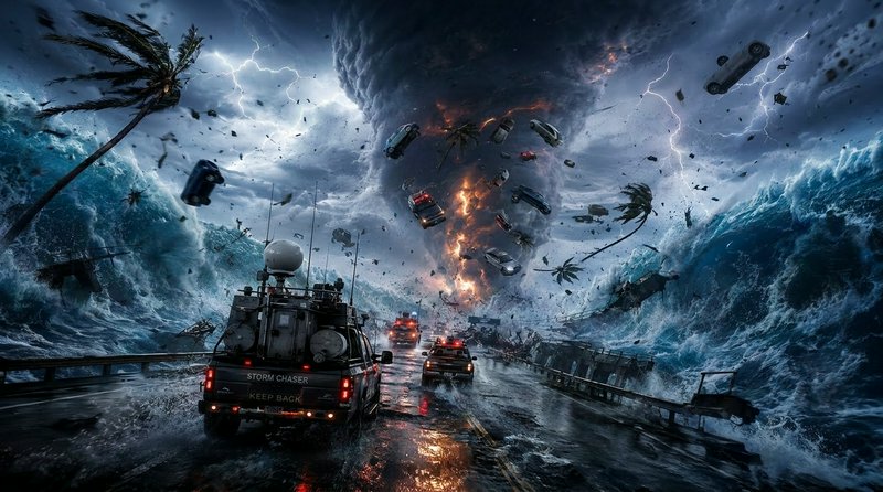 Coastal highway engulfed in a colossal storm with flying debris, cars, and palm trees as a fiery tornado roars above.