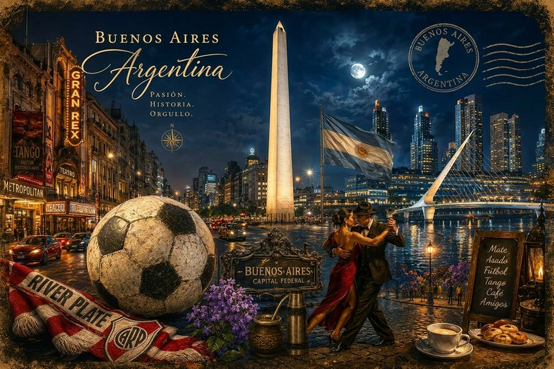 Nighttime Buenos Aires collage featuring the Obelisk, Argentine flag, tango dancers, and city skyline.