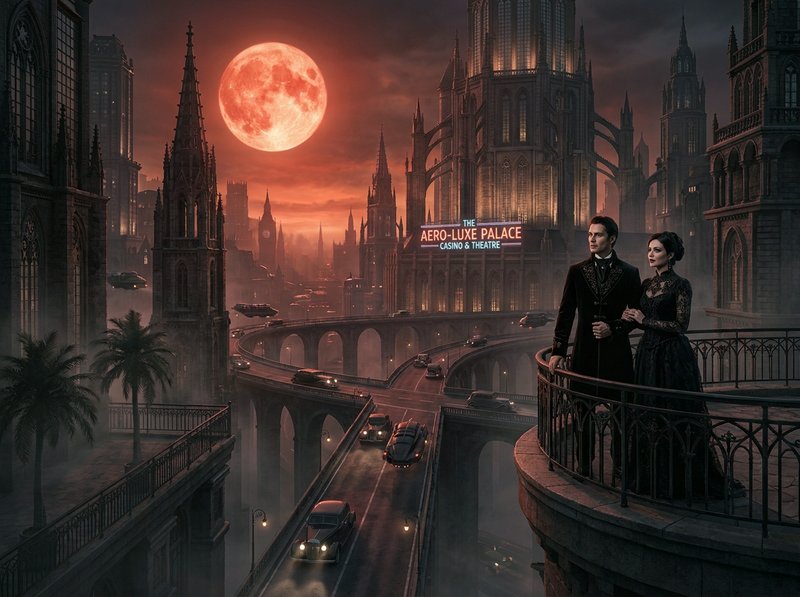 Romantic couple in vintage formal wear on a balcony overlooking a neon-lit steampunk city under a giant red moon.