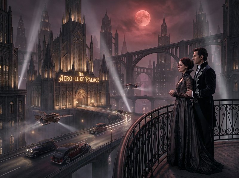 Romantic couple in formal attire on a balcony overlooking a gothic city with airships and a neon-lit palace.