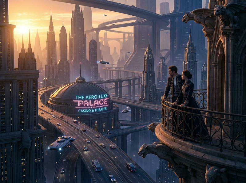 Futuristic cityscape with elevated highways, a domed theater, and a couple on a balcony overlooking neon-lit skyline.