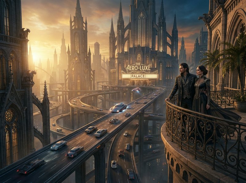 Couple in elegant attire on a ornate balcony overlooking a futuristic Gothic city with elevated highways.